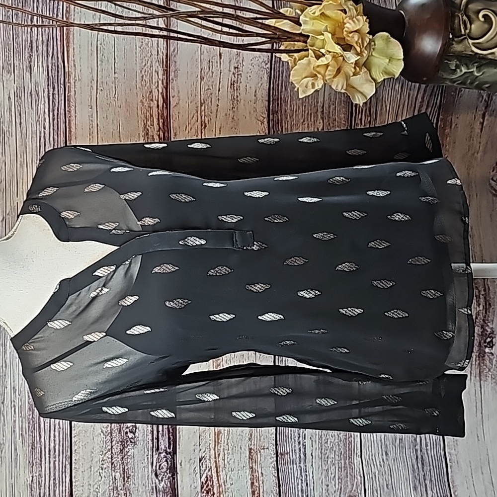 NWT SIMPLY STYLED BLACK SHEER SILVER FOIL EMBOSSED LONG SLEEVE BUTTON-UP BLOUSE